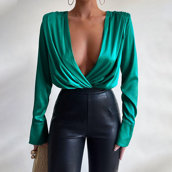 New V-neck Long-sleeved Pleated Shirt Jumpsuit