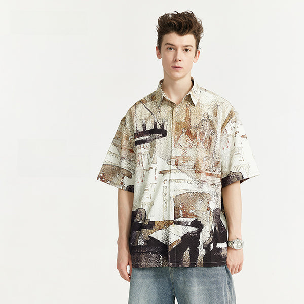 Watercolor Seersucker Shirt 2024 Spring And Summer New Street Fashion Brand Loose Men&#039;s Short Sleeve Shirt