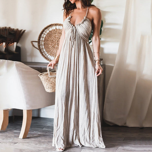 Summer Sexy Backless U-Collar Strap Back Long Dress