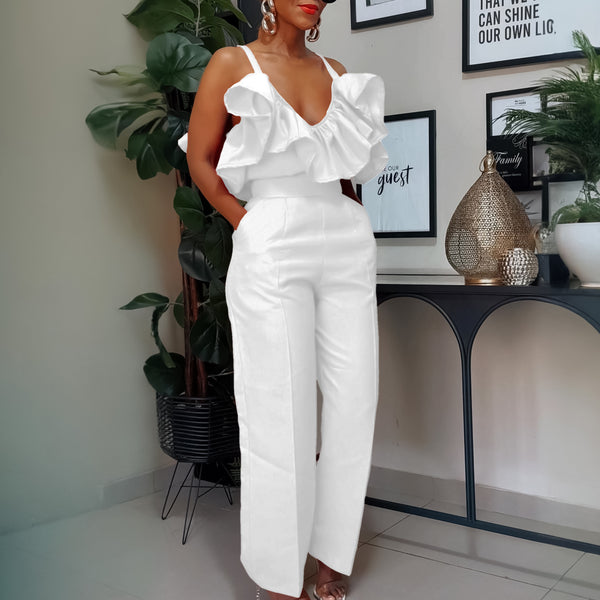 V-neck Flounce Sling Top High Waist Trousers Suit