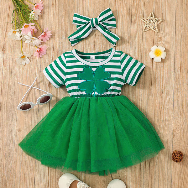 Striped Round Neck Dress Four-leaf Clover Turban