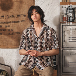 Cuban Collar Hollow Jacquard Color Short Sleeve