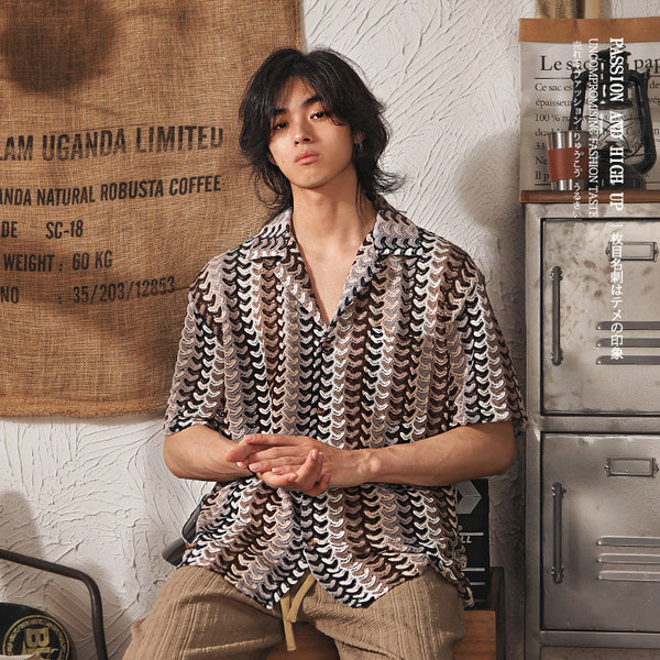 Cuban Collar Hollow Jacquard Color Short Sleeve