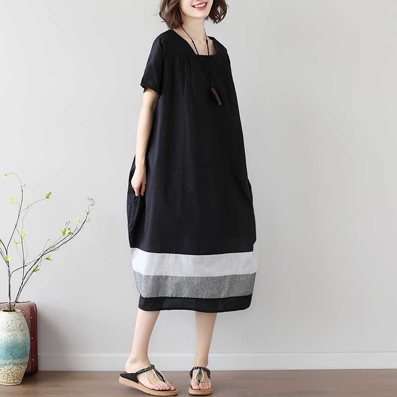Cotton And Linen Short Sleeve Loose Long Dress