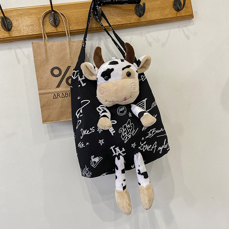 Cute Funny Personality Cow Doll Soft Girl Shoulder Bag Student Cute Canvas Small Bag