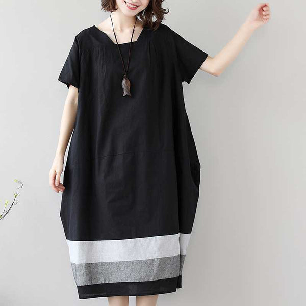 Cotton And Linen Short Sleeve Loose Long Dress