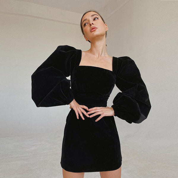 Black Puff Sleeves Velvet Bodycon Dress