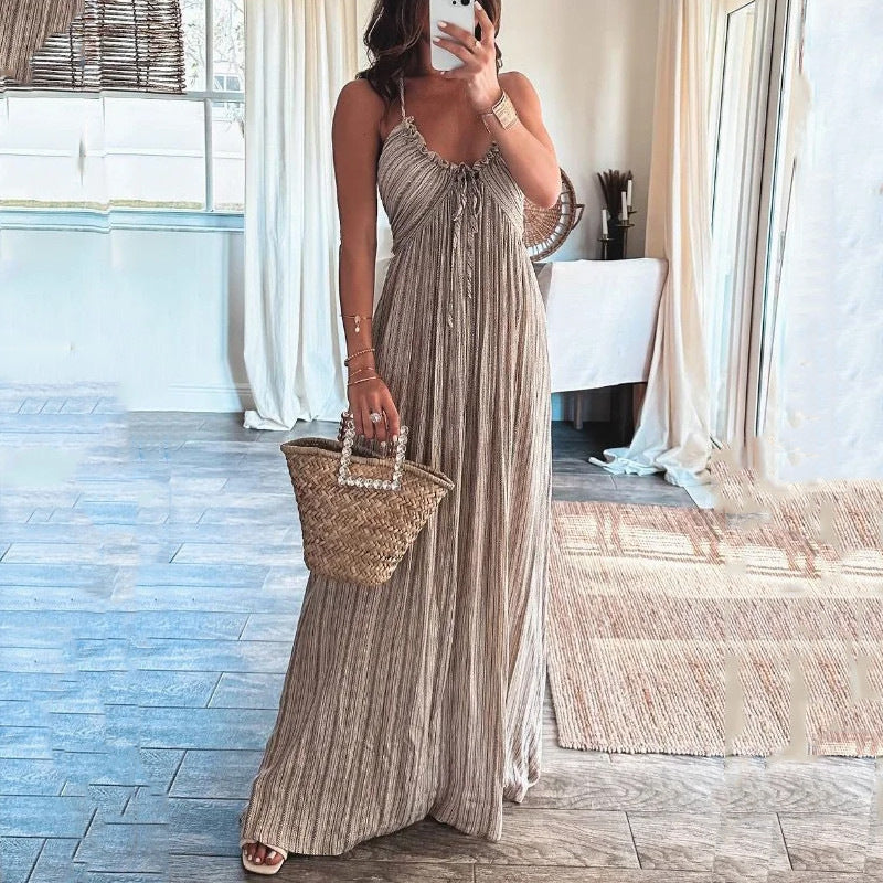 Summer Sexy Backless U-Collar Strap Back Long Dress