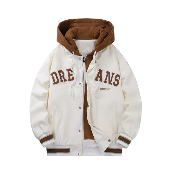 Baseball New High-end Fake Two-piece Hooded Couple Jacket Men