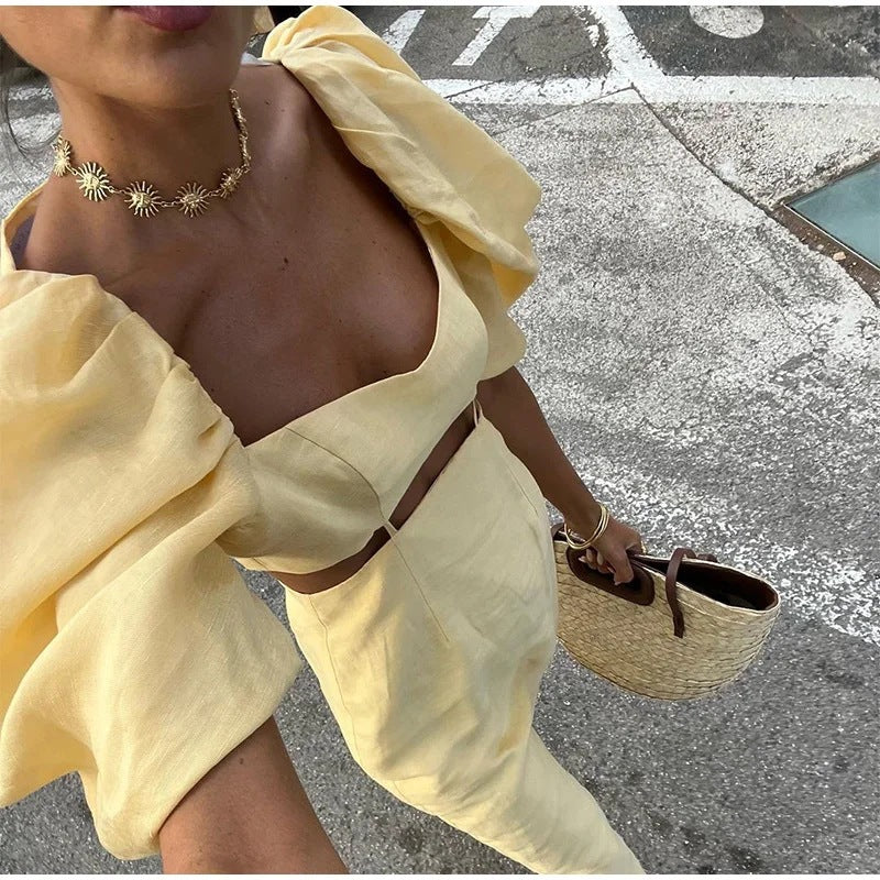Vintage Puff Sleeve High Waist Dress