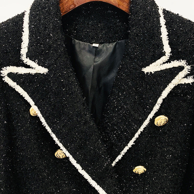 In Stock 2023 European And American Stars New Black Shirred White Woolen Double-breasted Metal Buckle Slim Suit Jacket