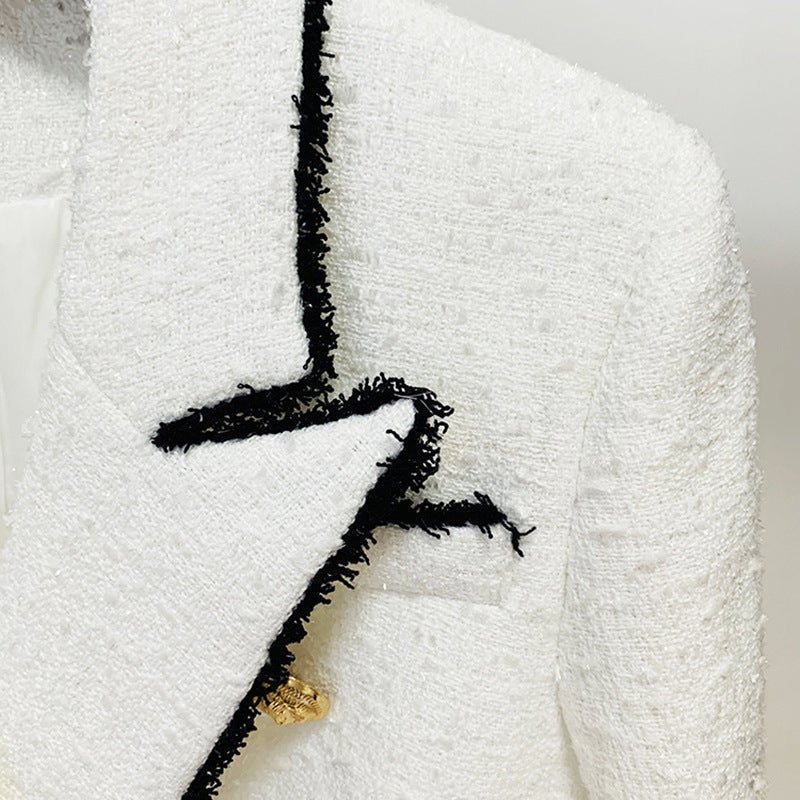 In Stock 2023 European And American Stars New Black Shirred White Woolen Double-breasted Metal Buckle Slim Suit Jacket