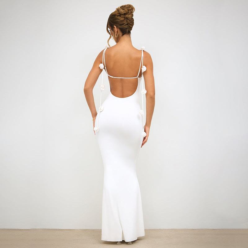Backless Shoulder Strap Three-dimensional Flower Decorative Sling Long Dress