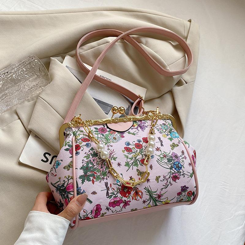 Printed Small Bag New Fashion Flower Pearl Chain Clip Buckle Women&#039;s Bag Foreign Style Single Shoulder Messenger