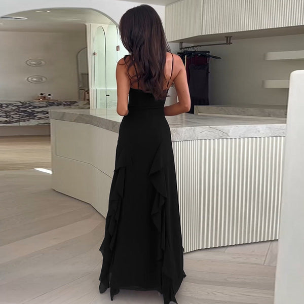 Strap Temperament V-neck Holiday Split Ruffled Dress
