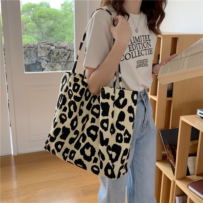 Bolsa Tote com Estampa de Leopardo Rice Bolsa de Ombro de Lona com Estampa de Animal de Grande Capacidade Portátil Bolsa de Compras para Estudantes