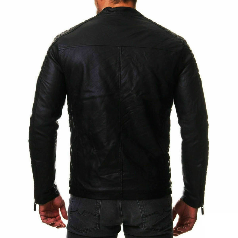 Leather Stand Collar Zipper Cardigan Leather Jacket