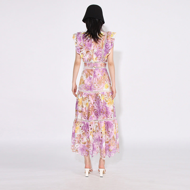 Elegant French Long Lace Sleeveless Hollow Embroidered Gouhua Dress