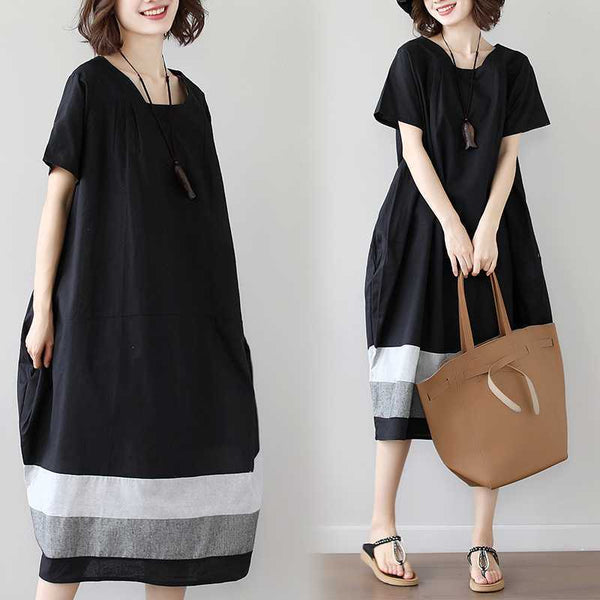 Cotton And Linen Short Sleeve Loose Long Dress