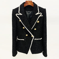 In Stock 2023 European And American Stars New Black Shirred White Woolen Double-breasted Metal Buckle Slim Suit Jacket
