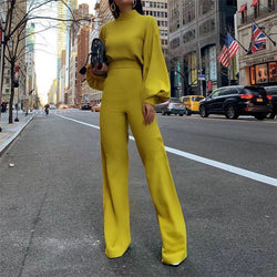 Wide-leg Pants High-neck Long-sleeved Casual Jumpsuit