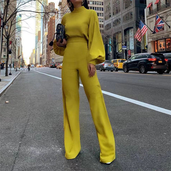 Wide-leg Pants High-neck Long-sleeved Casual Jumpsuit