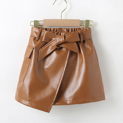 Casual Leather Brown Pleated Skirt