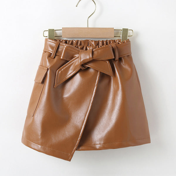 Casual Leather Brown Pleated Skirt