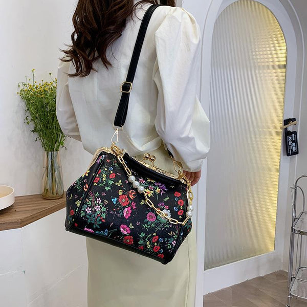 Printed Small Bag New Fashion Flower Pearl Chain Clip Buckle Women&#039;s Bag Foreign Style Single Shoulder Messenger