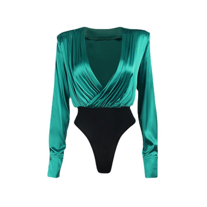 New V-neck Long-sleeved Pleated Shirt Jumpsuit