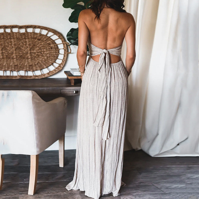 Summer Sexy Backless U-Collar Strap Back Long Dress