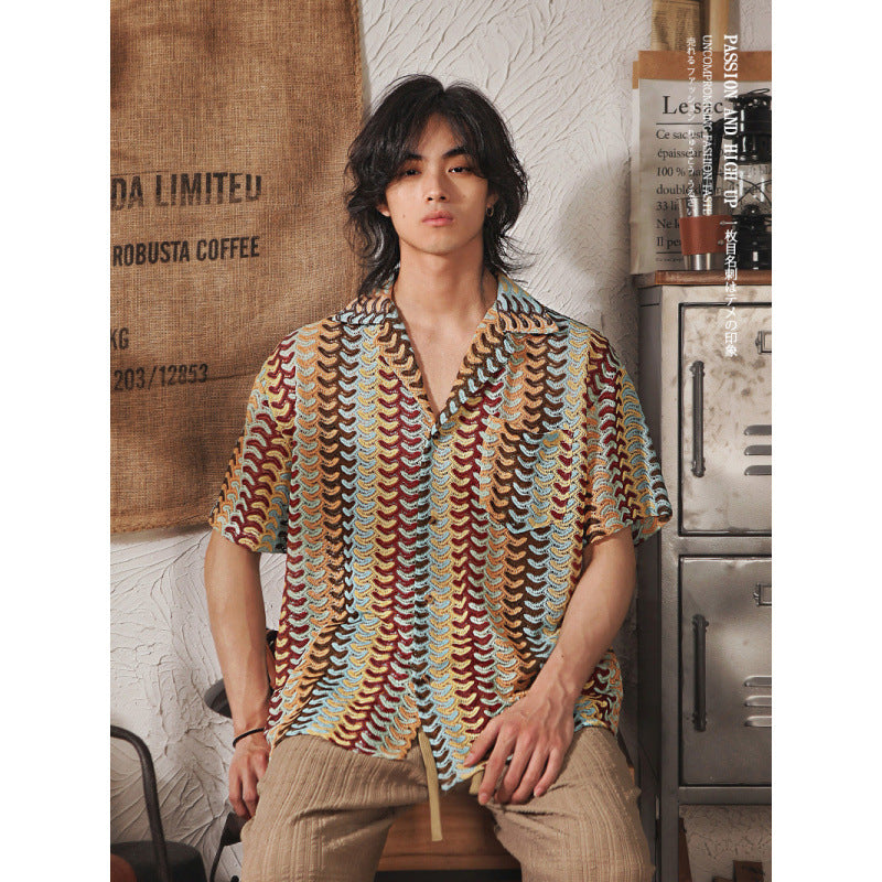 Cuban Collar Hollow Jacquard Color Short Sleeve