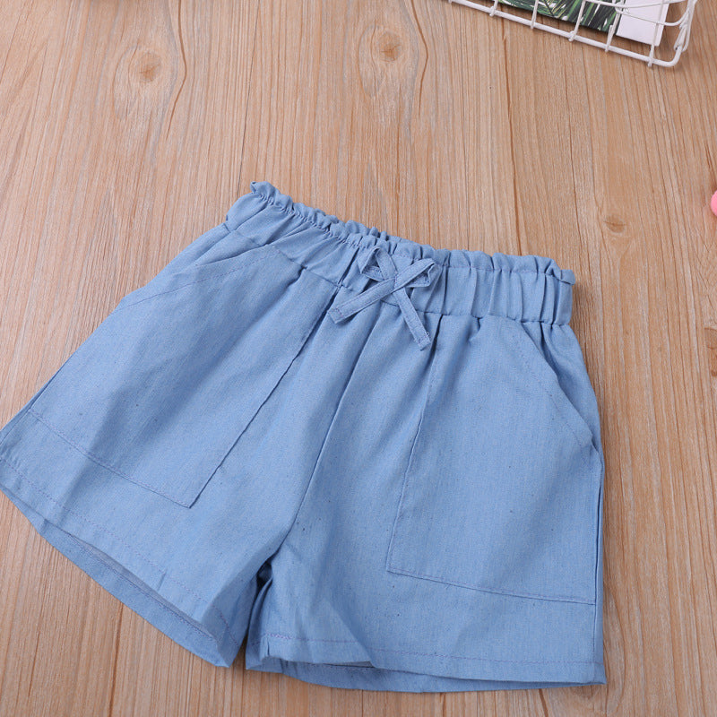 Solid Color Bandage Thin Denim Casual Shorts