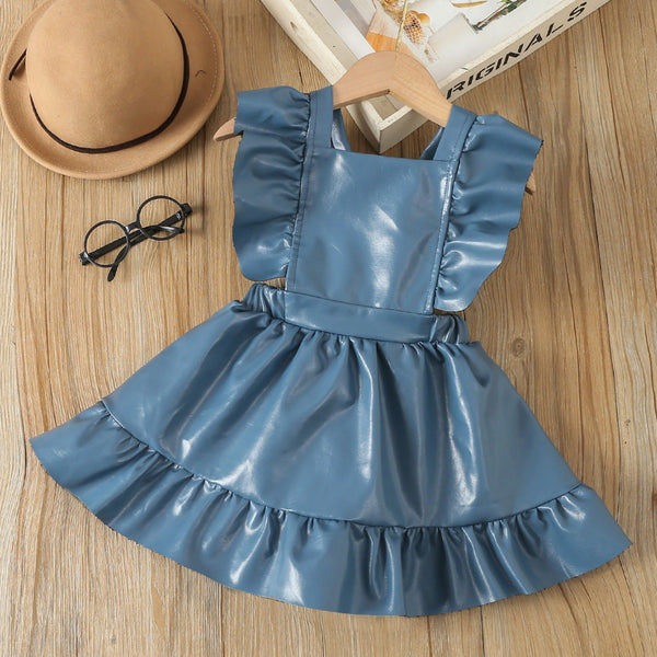 Solid Color Leather Kids Dress