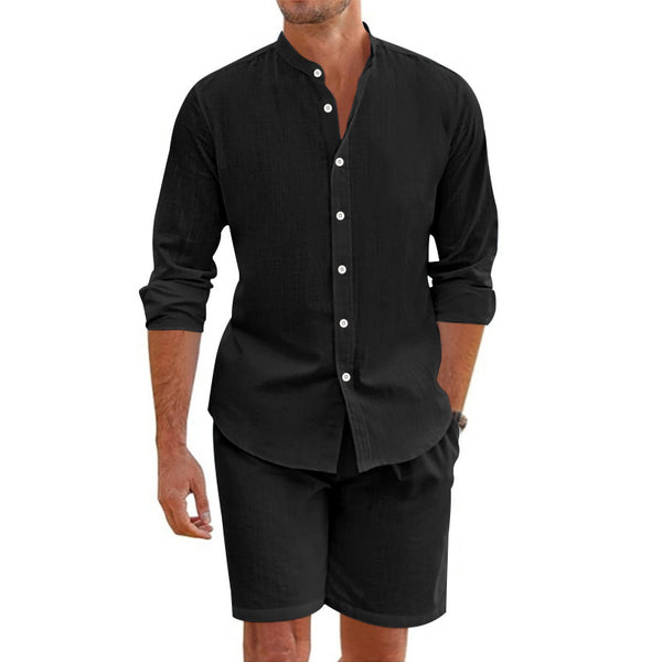 Lapel Button Down Short Sleeve Top And Drawstring Shorts