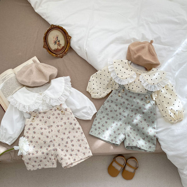 Small Floral Strap Five-point Pants + Lapel Shirt Two-piece