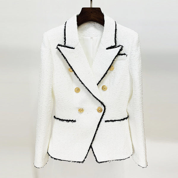 In Stock 2023 European And American Stars New Black Shirred White Woolen Double-breasted Metal Buckle Slim Suit Jacket