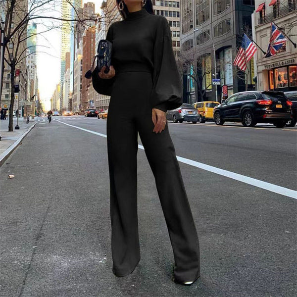 Wide-leg Pants High-neck Long-sleeved Casual Jumpsuit
