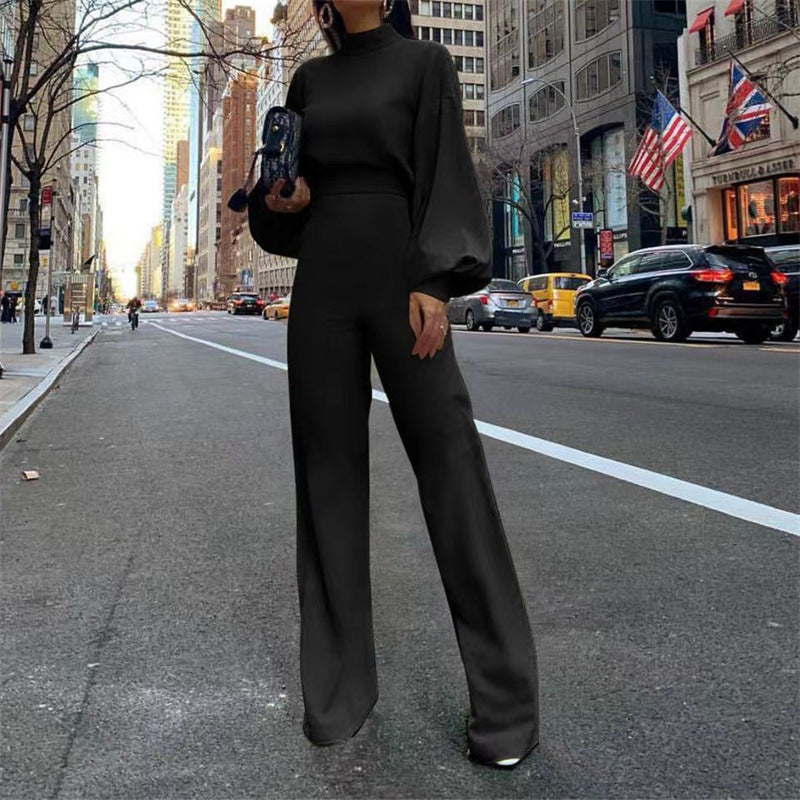 Wide-leg Pants High-neck Long-sleeved Casual Jumpsuit