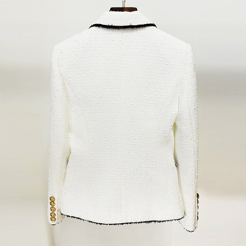 In Stock 2023 European And American Stars New Black Shirred White Woolen Double-breasted Metal Buckle Slim Suit Jacket
