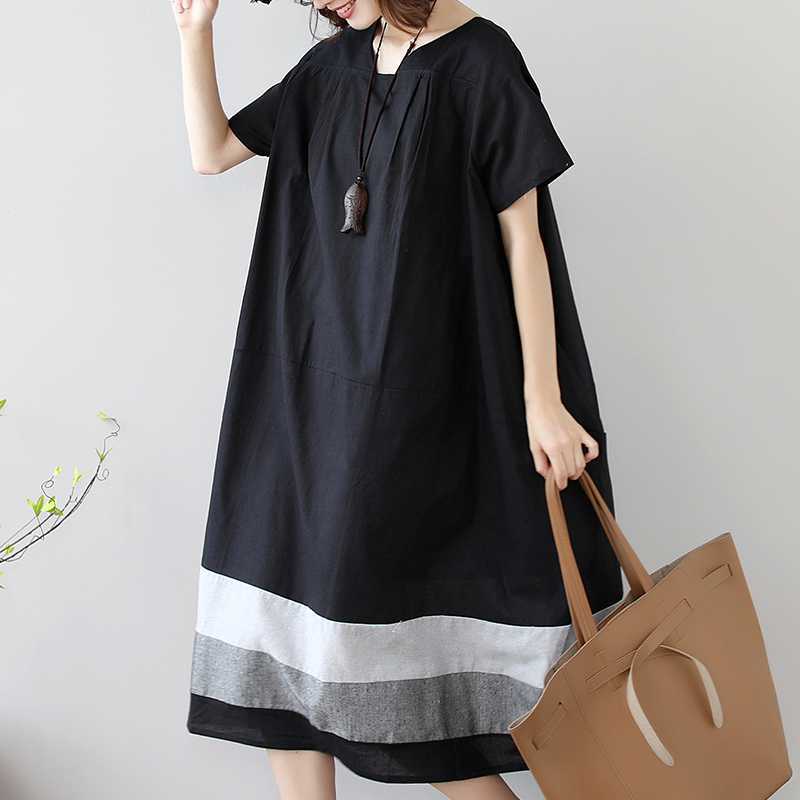 Cotton And Linen Short Sleeve Loose Long Dress
