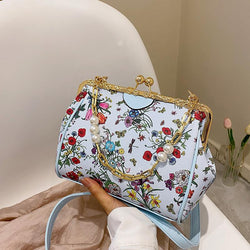 Printed Small Bag New Fashion Flower Pearl Chain Clip Buckle Women&#039;s Bag Foreign Style Single Shoulder Messenger