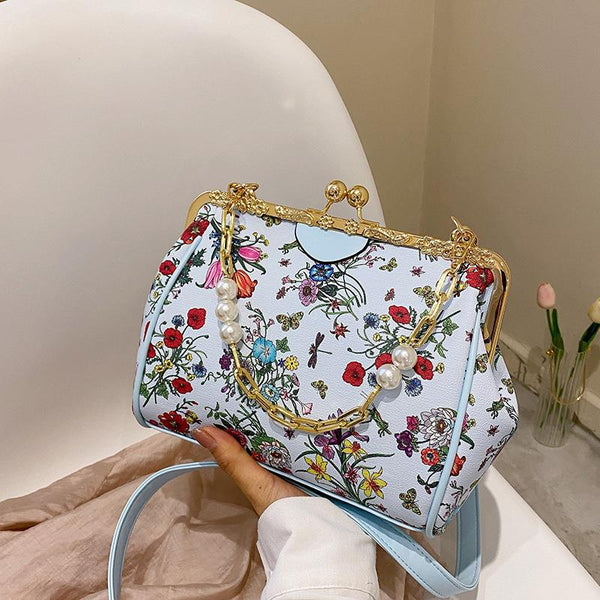 Printed Small Bag New Fashion Flower Pearl Chain Clip Buckle Women&#039;s Bag Foreign Style Single Shoulder Messenger
