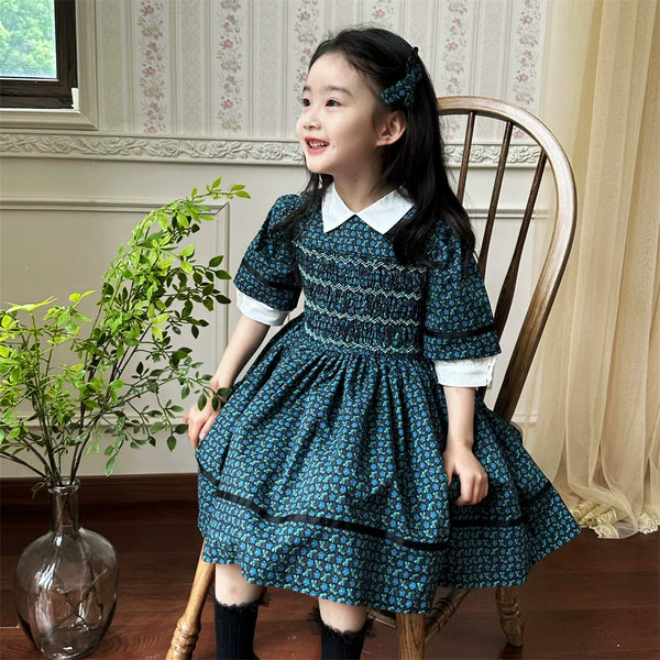 Vintage Blue And Green Floral Hand-embroidered Dress