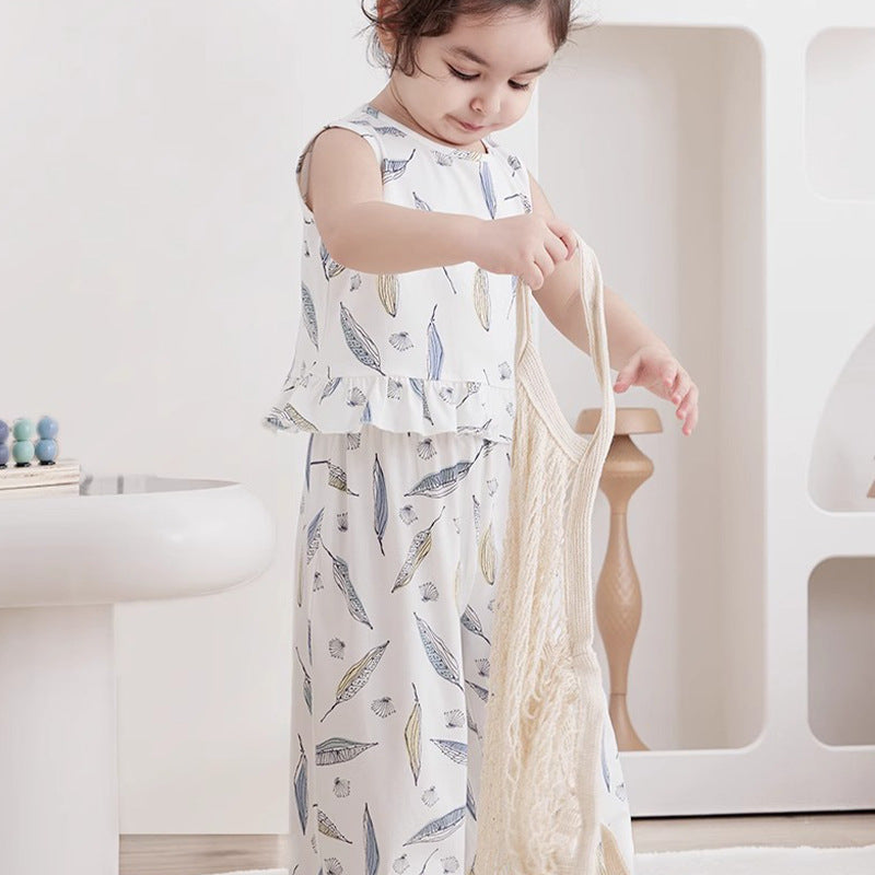 Bamboo Fiber Girls Short-sleeved Wide-leg Pants