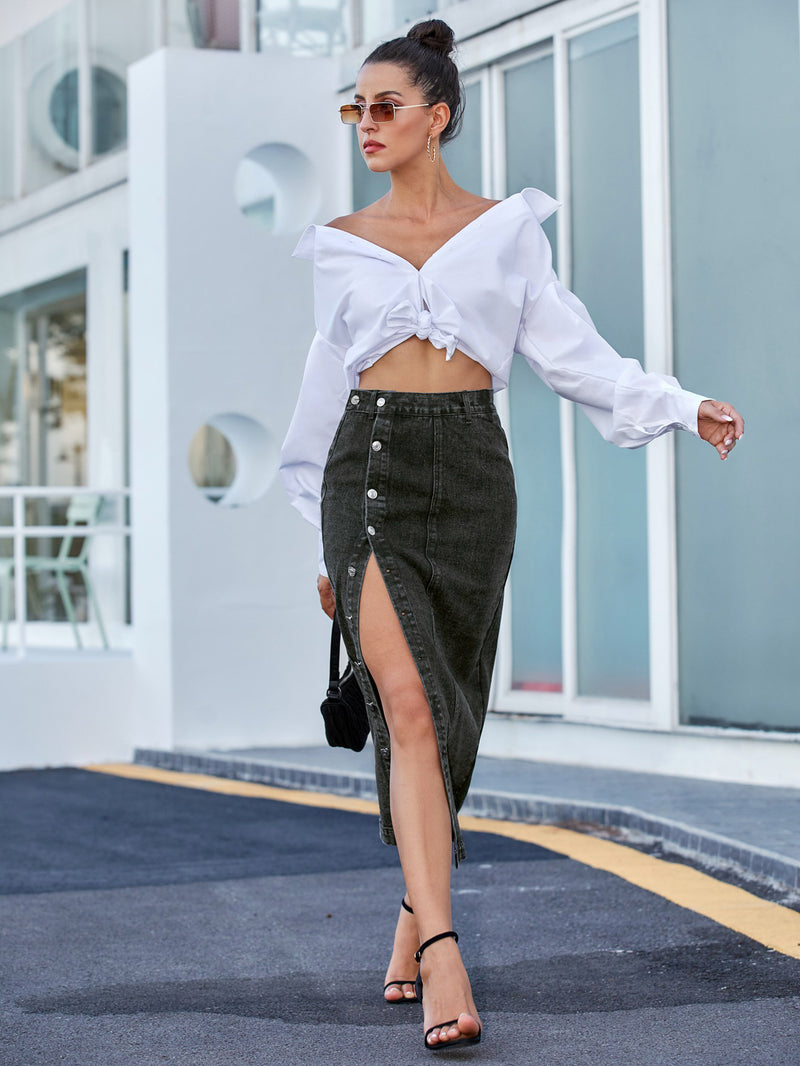 Buttons Irregular Slit Denim High-waisted Skirt