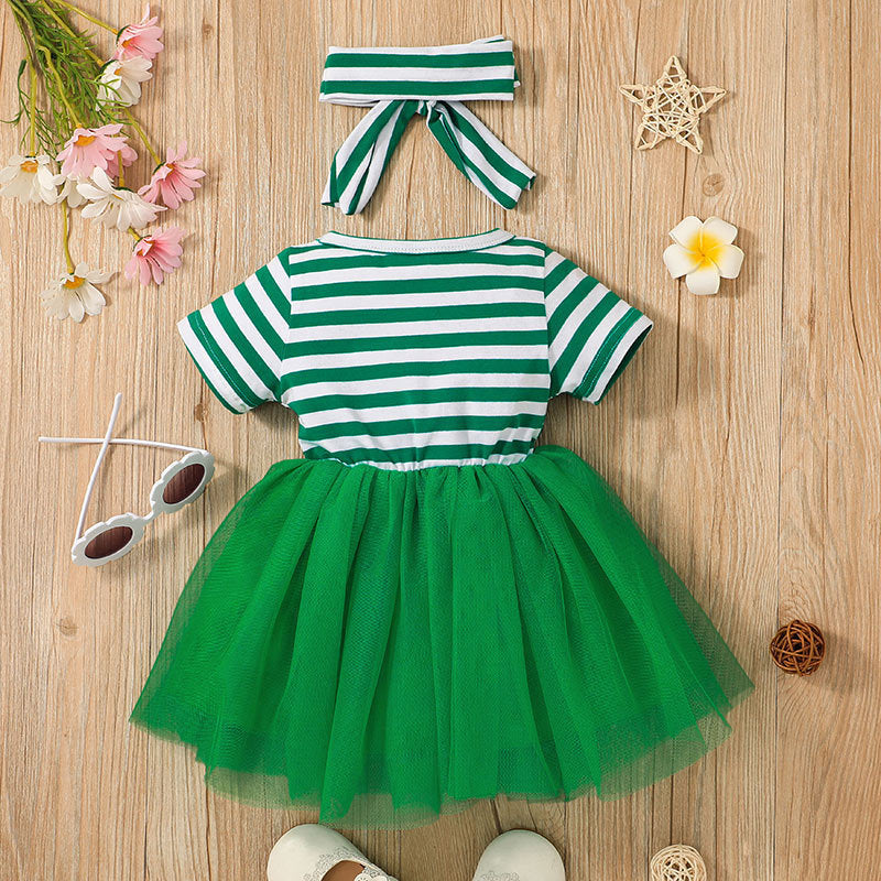 Striped Round Neck Dress Four-leaf Clover Turban