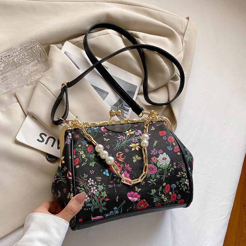 Printed Small Bag New Fashion Flower Pearl Chain Clip Buckle Women&#039;s Bag Foreign Style Single Shoulder Messenger