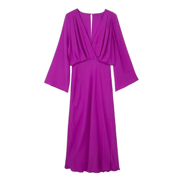 V-neck Long-sleeved Double-breasted Midi Dress