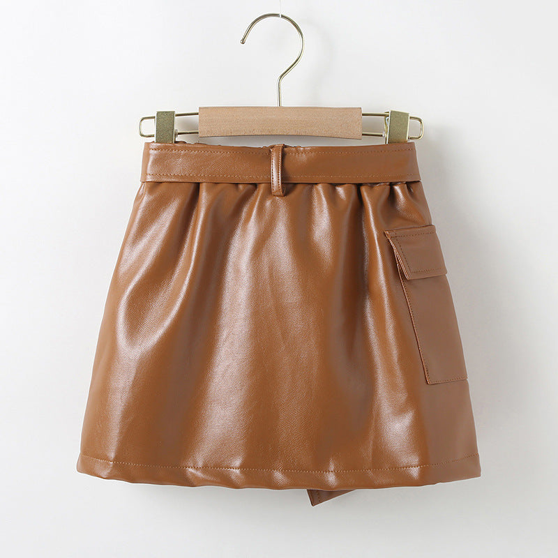 Casual Leather Brown Pleated Skirt